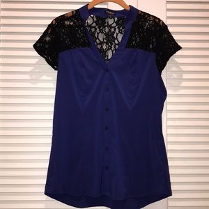 Express blue button down top with black lace M
